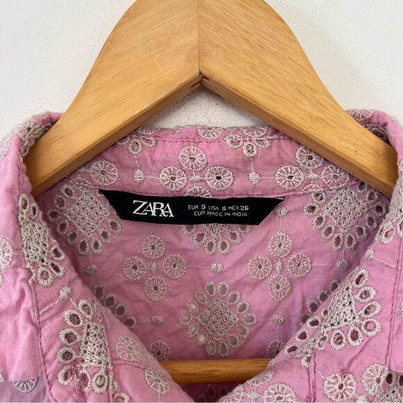 Zara Pink Eyelet Short Sleeve Button Down Shirt - Picture 7 of 8